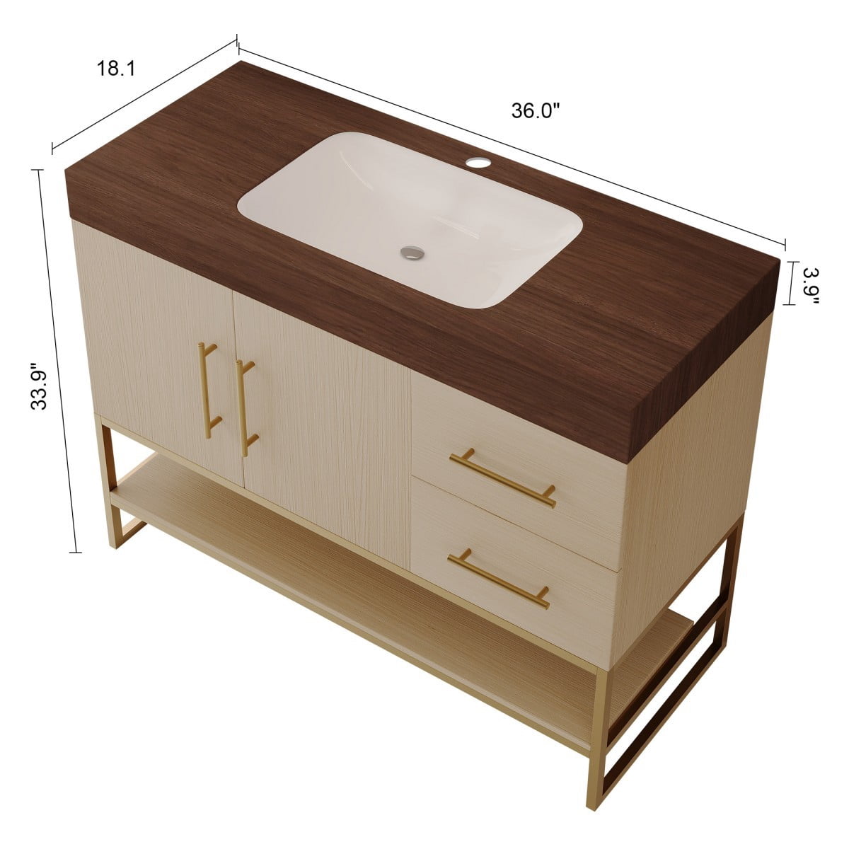 36" Bathroom Vanity with Sink, Freestanding Bathroom Vanity Cabinet with Sintered Stone Top, Seamless Ceramic Basin, Gold Stainless Steel Legs, Storage Drawers & Open Shelf, Walnut &Wood