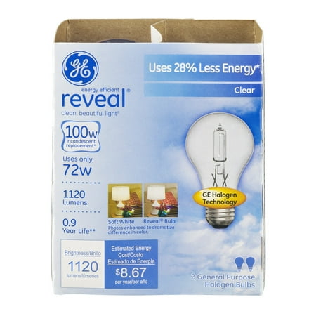 GE Energy Efficient Reveal 72 Watt Clear General Purpose Halogen Bulbs - 2 CT
