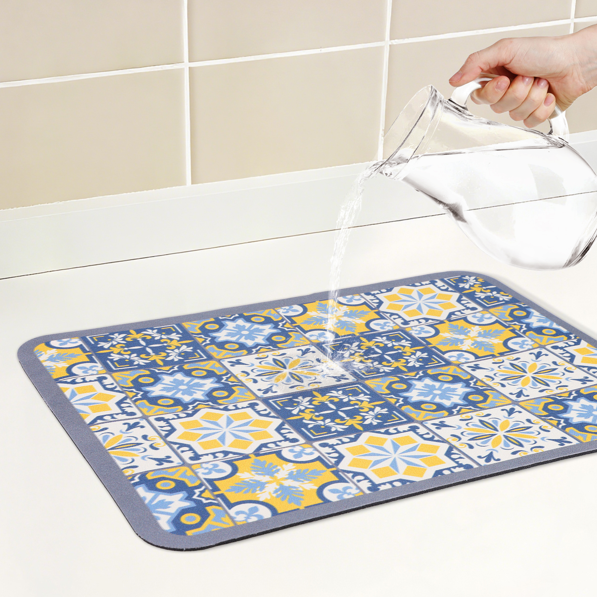 Unique Bargains Floral Design Dish Drying Mat for Dishes and Cups Yellow 15.7*11.8 inch