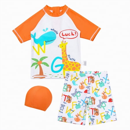 JUMEYU Swim Sets for Boys Swim Suits Rash Guard Bathing Suit Set 2 Pcs Holiday Size 11-12 Years (Orange 11-12 Years)