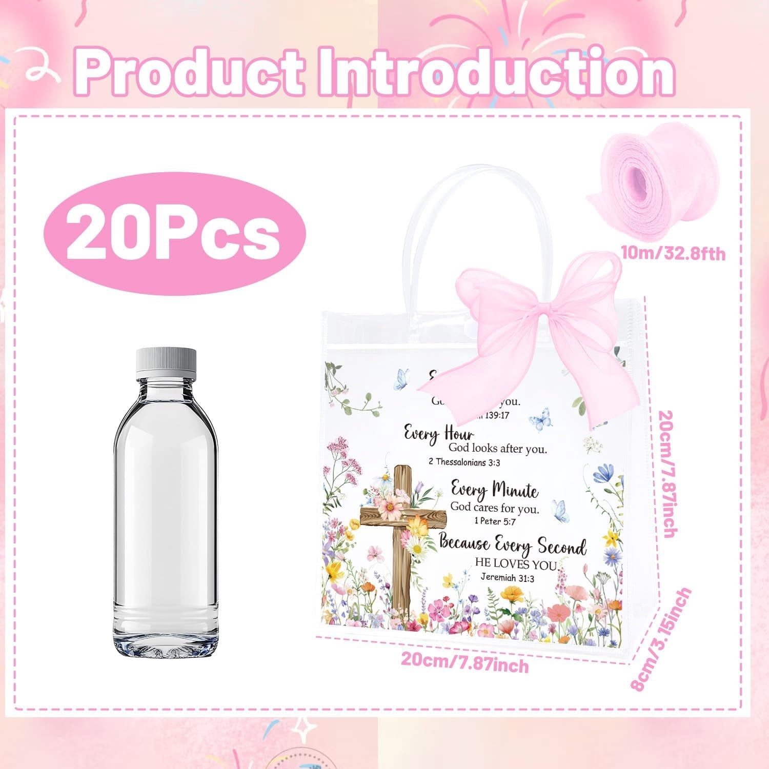 Christian Clear Gift Bags - 20 Pcs Religious Bible Flower Clear PVC Goodie Candy Treat Bags with Handle Inspirational Verse Handbag with Ribbon for Religious Baptism Themed Party Supplies
