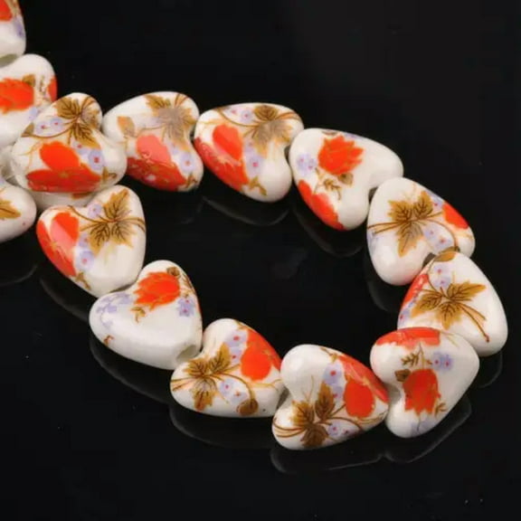 U8MO 10pcs Flower Patterns Heart Shape 14mm Ceramic Porcelain Loose Beads DIY Jewelry-18# Red