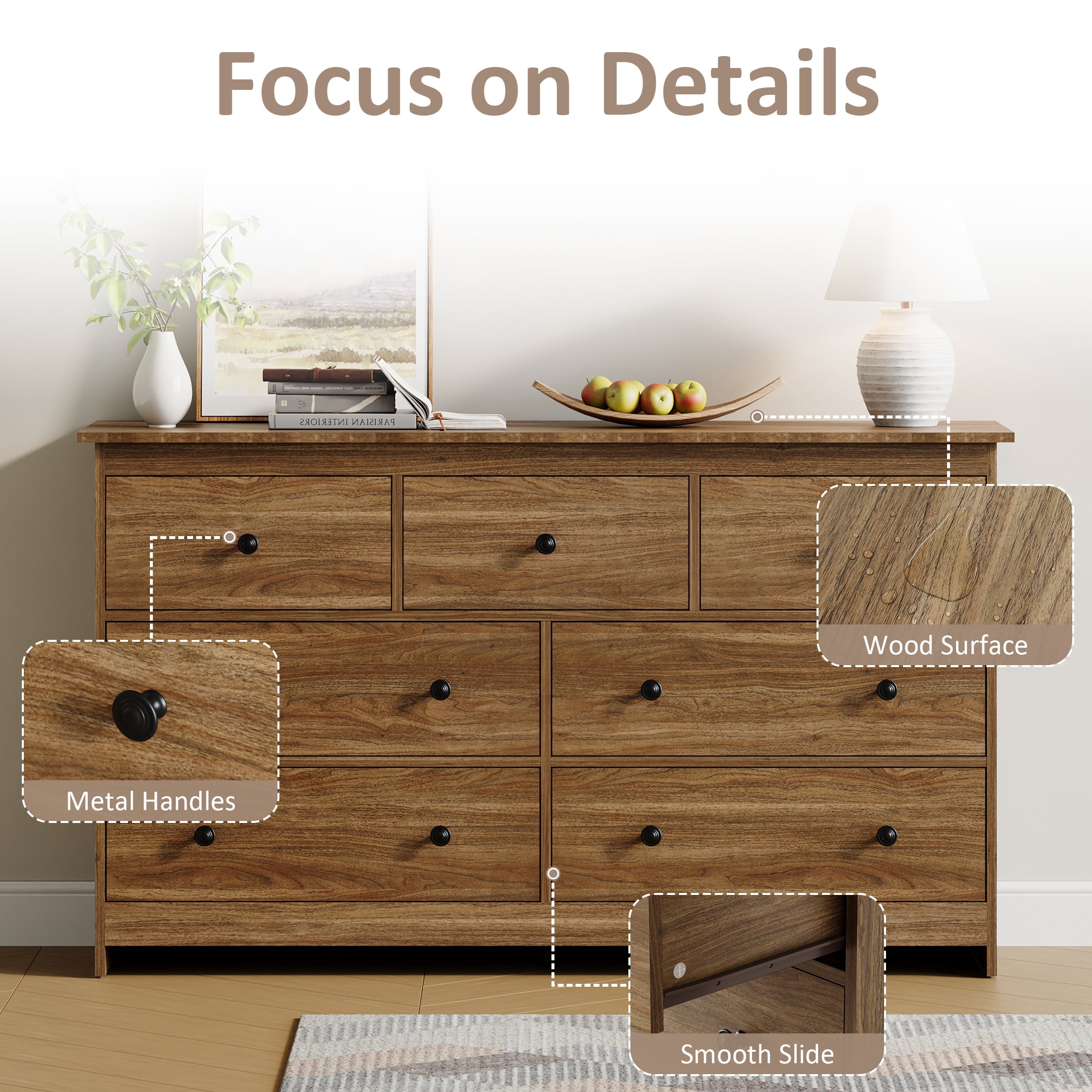 YouTrend 7 Drawer Dresser, Modern Brown Chests of Drawers Wood Adult Storage Cabinet for Bedroom Living Room Hallway