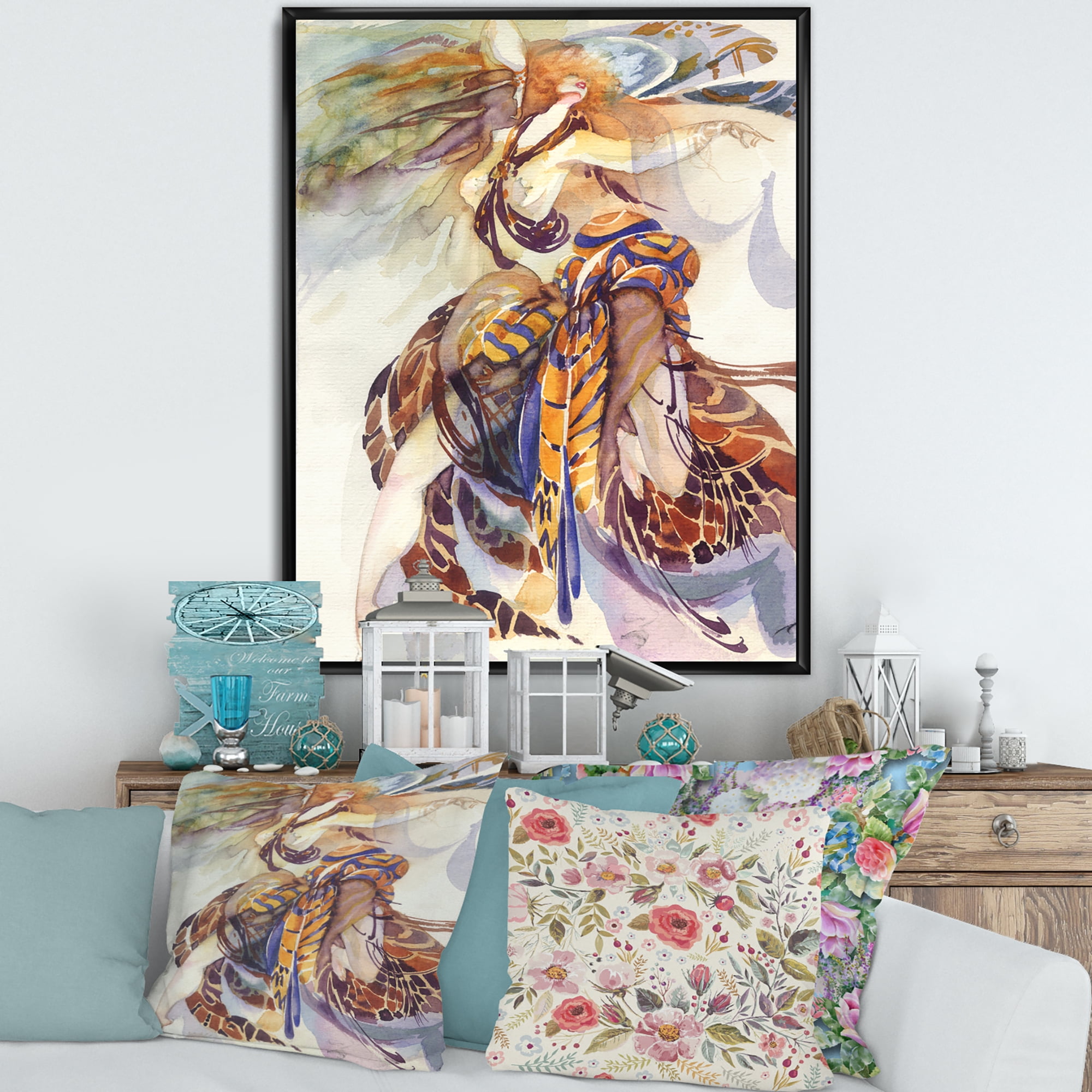 Designart 'Allegory of Paradise Bird Woman Portrait' Traditional Framed Canvas Wall Art Print