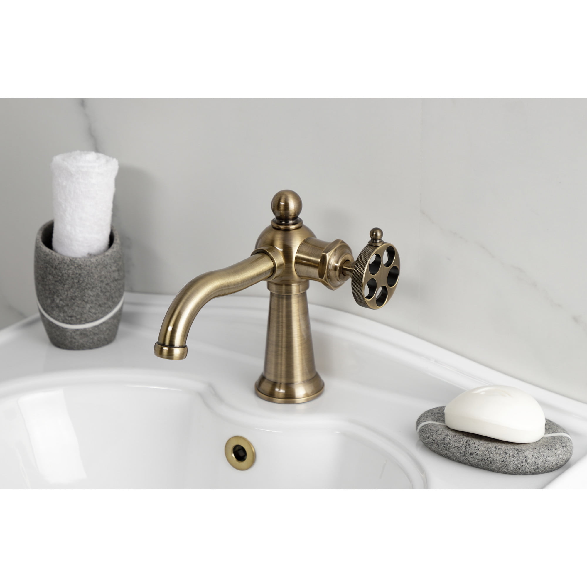 Kingston Brass KS3543RKZ Wendell One-Handle Single-Hole Bathroom Faucet with Knurled Handle and Push Pop-Up Drain, Antique Brass