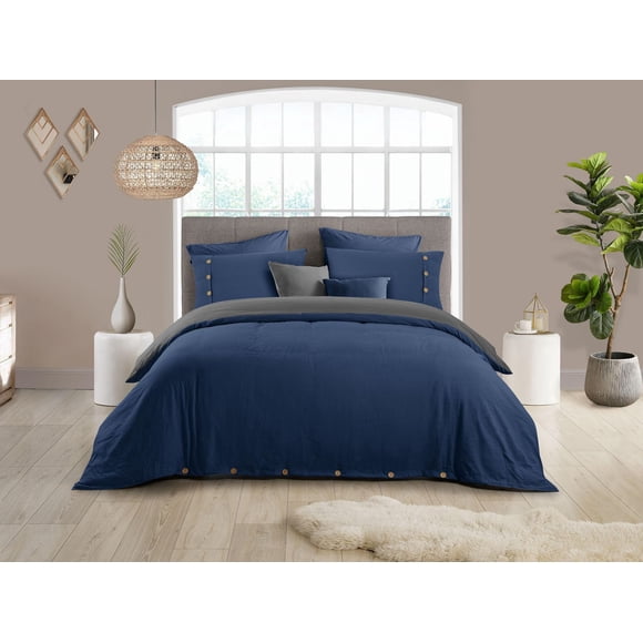 Reversible Natural Crinkle Fabric Ultra Soft Solid Duvet Cover Set - Beautiful Button Closure
