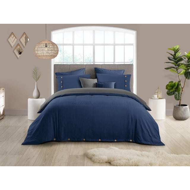 Reversible Natural Crinkle Fabric Ultra Soft Solid Duvet Cover Set - Beautiful Button Closure