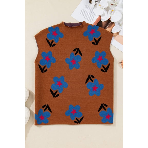 I AM A FASHION JUNKY Chestnut Floral High Neck Sweater Vest