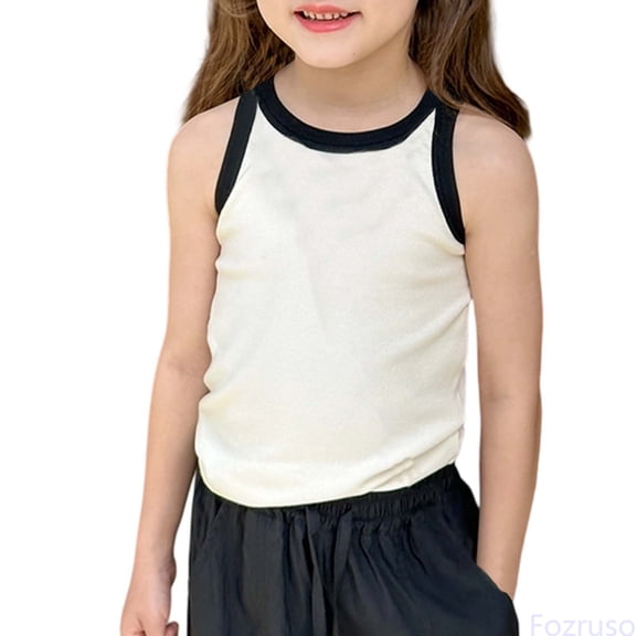 Fozruso Girls Tops Casual Summer Sleeveless Color Block Stretchy Tank Top For Toddler Kids Teenage Comfortable Breathable Outfit Casual Tee,Sizes 3-4 Years Beige