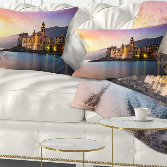 Designart Old Mediterranean Town at Sunrise - Seashore Throw Pillow - 12x20