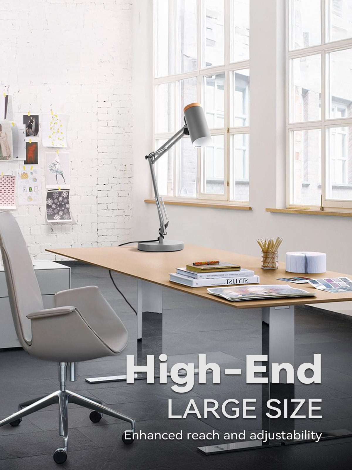 Adjustable Metal Table Lamp, Large Size Max Height 26", E26 Base, Swing Arm Desk Light with Wooden Accent, Gray