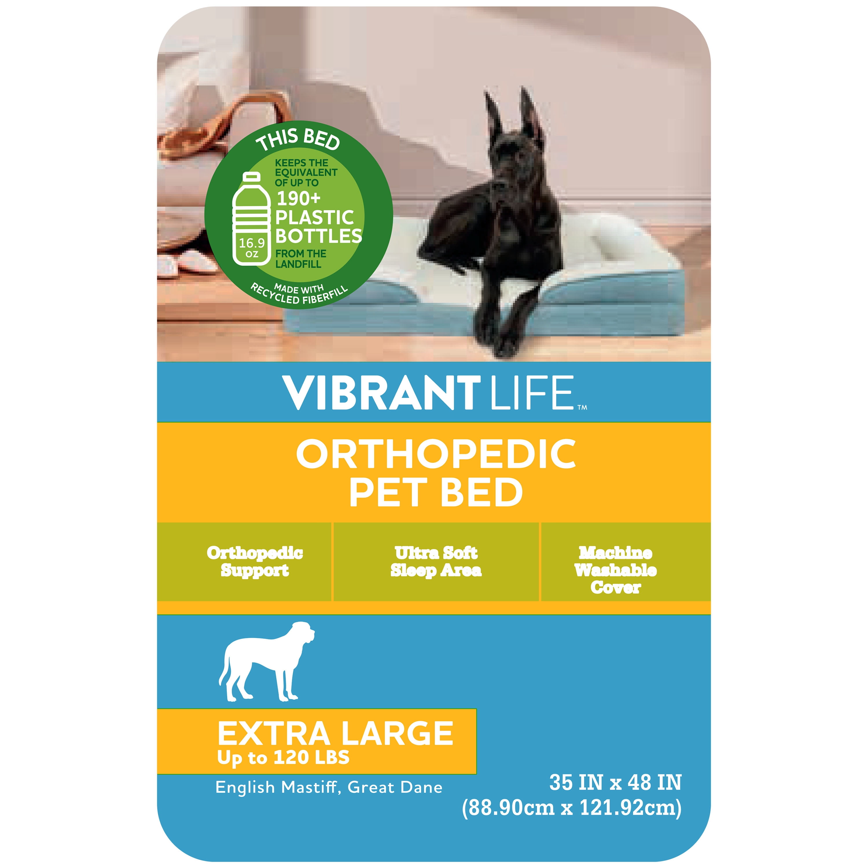 Vibrant Life Small Orthopedic Bolster Dog Bed, Blue, 23" x 28"