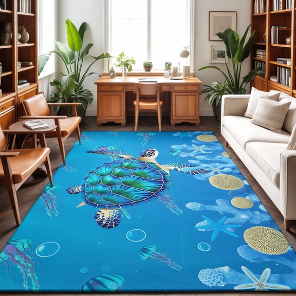 5'x7' Area Rugs, Coastal Sea Turtle Indoor Outdoor Area Rug for Living Room Bedroom, Blue Nautical Ocean Jellyfish Coral Washable Bathroom Rugs Kitchen Floor Carpet Mats Home Decor Aesthetic