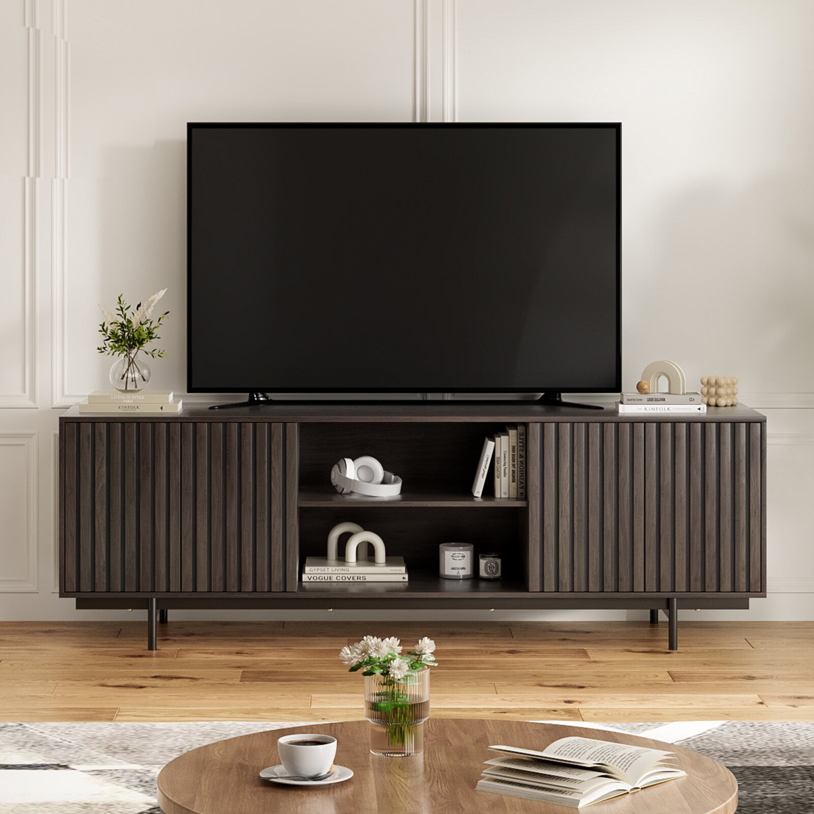 TV Stands With Storage Mid Century Modern TV Stand for TVs Up to 75", Farmhouse Fluted TV Stand, Retro Wood TV Stand with Storage and Shelf, Entertainment Center with Pop-Up Doors for Living Room, B