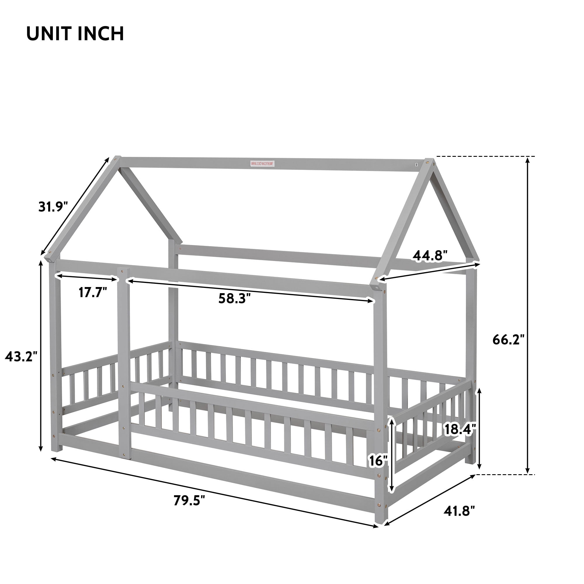 Miniyam Kids Twin Montessori House Floor Bed with Fence, Wood Roof Frame, Gray