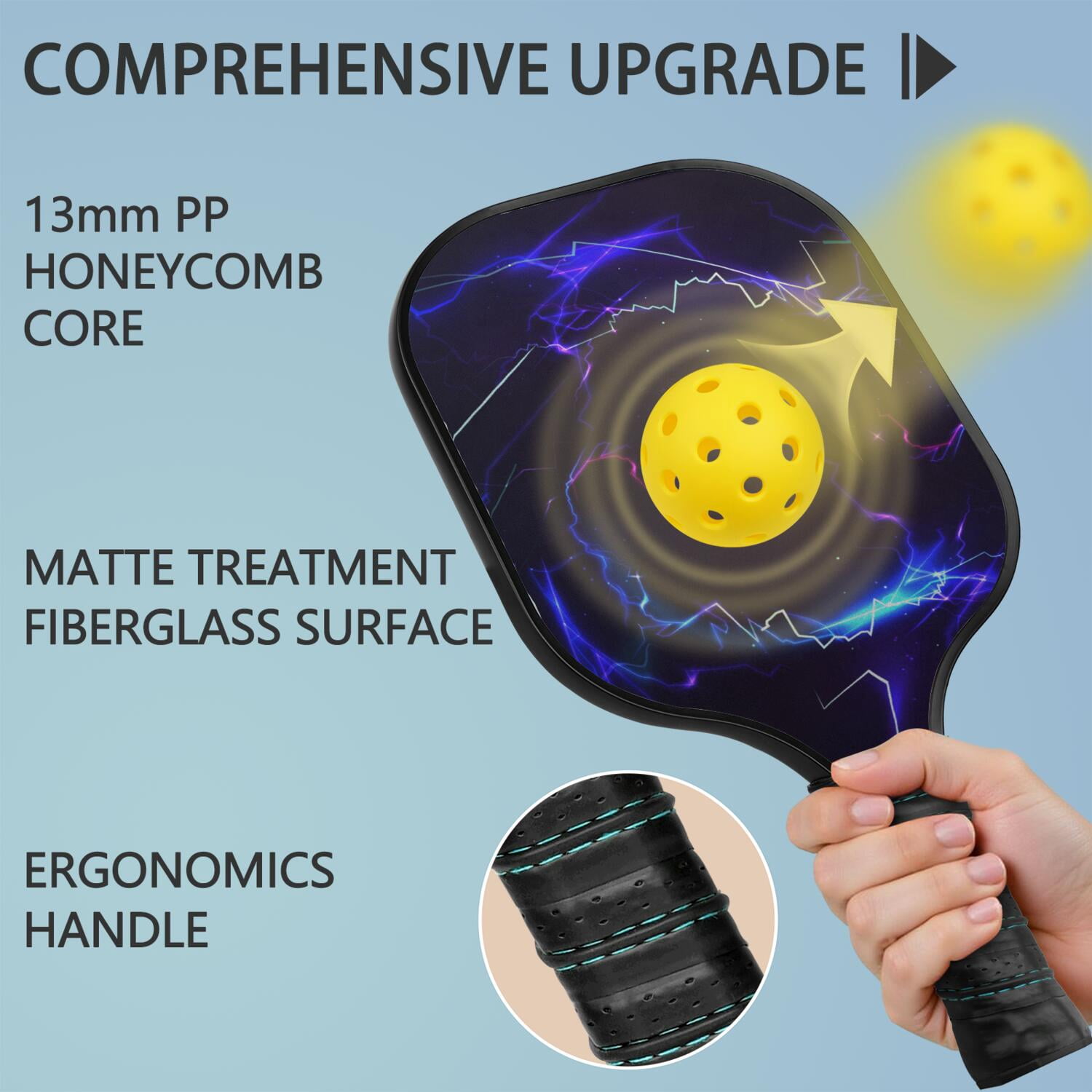 Pickleball Paddles Set Of 1, Fiberglass Surface, Speed, Lightning, Thunder Print, 1 Paddle, 2 Balls & Bag
