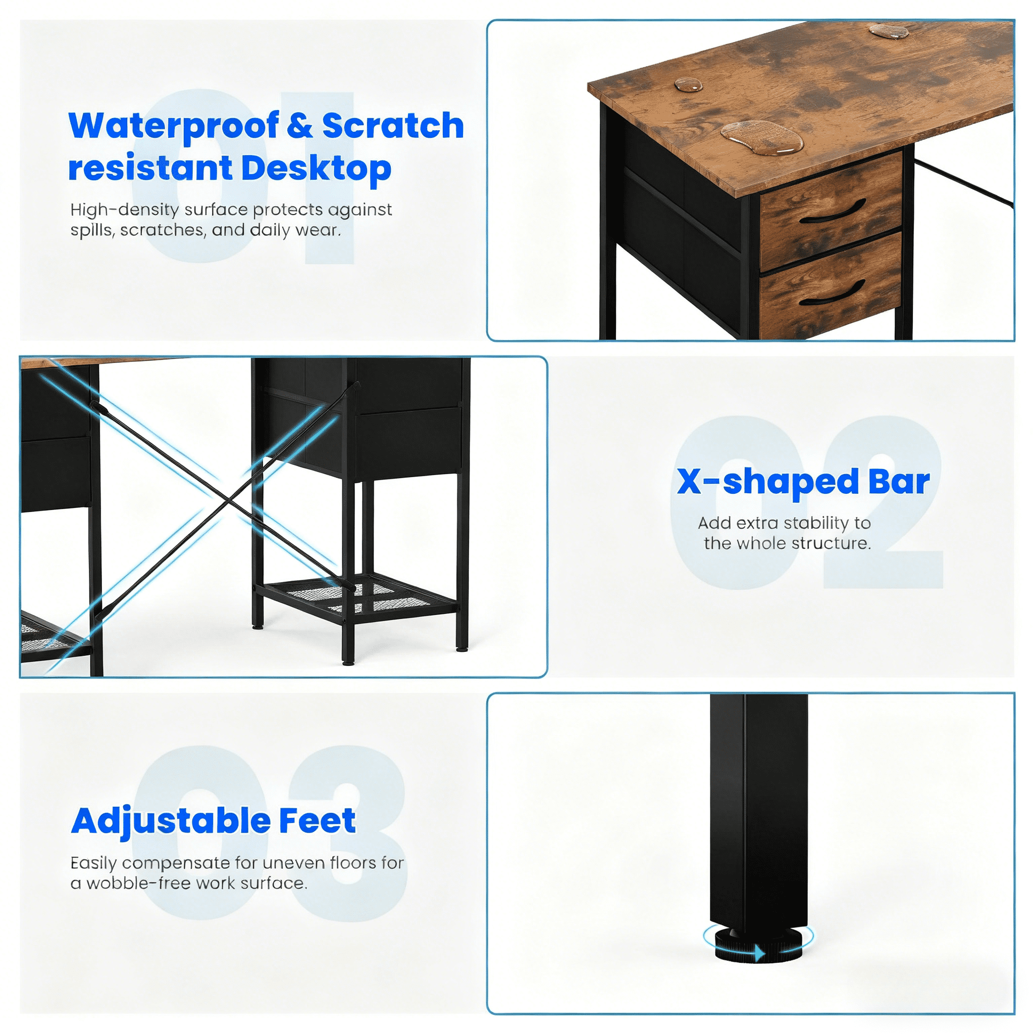 CONCETTA 55 Inch Computer Desk with 4 Drawers & Mesh Shelf, Large Desktop,Storage Desk for Home Office, Gaming & Study, Flexible Setup, Rustic Brown