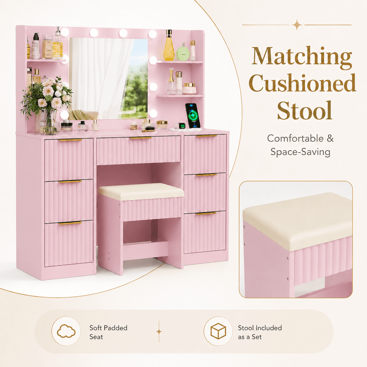 Ktaxon Makeup Vanity Set with 3 Color Lighted Mirror & Charging Station, Dressing Table w/ 7 Drawers for Femal Gift, Pink