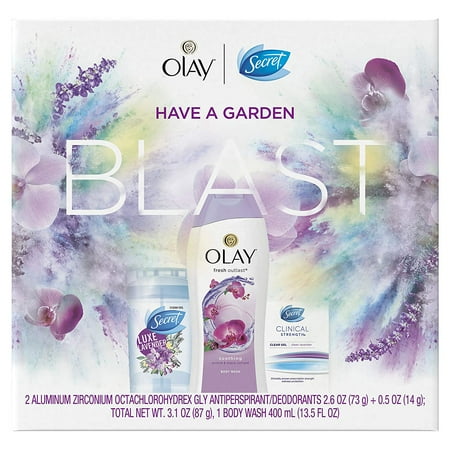 Secret Clear Gel Luxe Lavender + Clinical Strength Clear Gel Clean Lavender + Olay Fresh Outlast Body Wash Orchid & Black Currant, Gift Pack