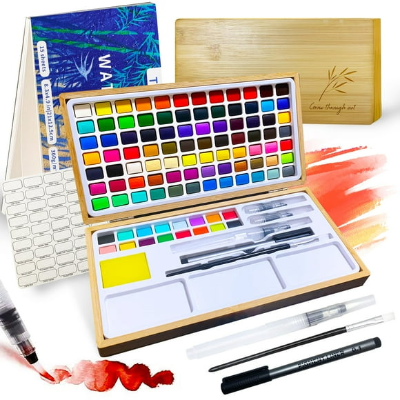 Set de pintura de acuarela TIKSPCAE, caja de bambú de 100 colores