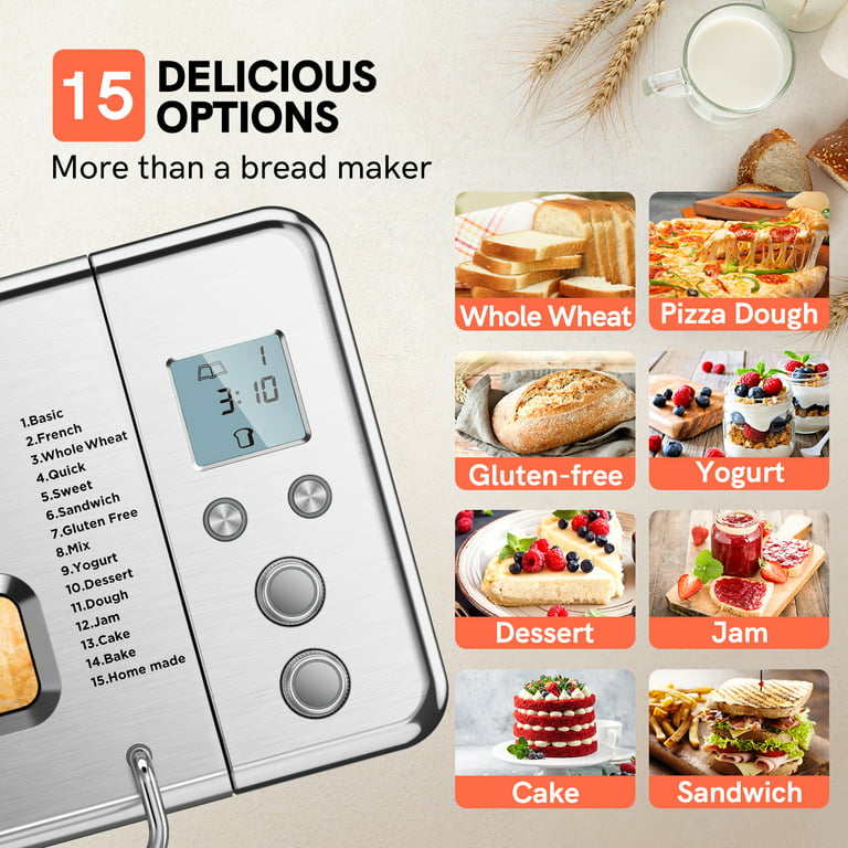 CalmDo CalmDo-CD-BM1KG Involly Bread Machine, 2.2LB Bread Maker 15-in-1  Toaster Maker with Fruit and Nut Dispense, LCD Display, Stainless Steel 