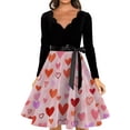 thumbnail image 3 of Valentine's Day Dresses for Women Long Sleev Vintage Floral Print V-Neck A-Line Cocktail Party Dress with Belt Light pink M, 3 of 4