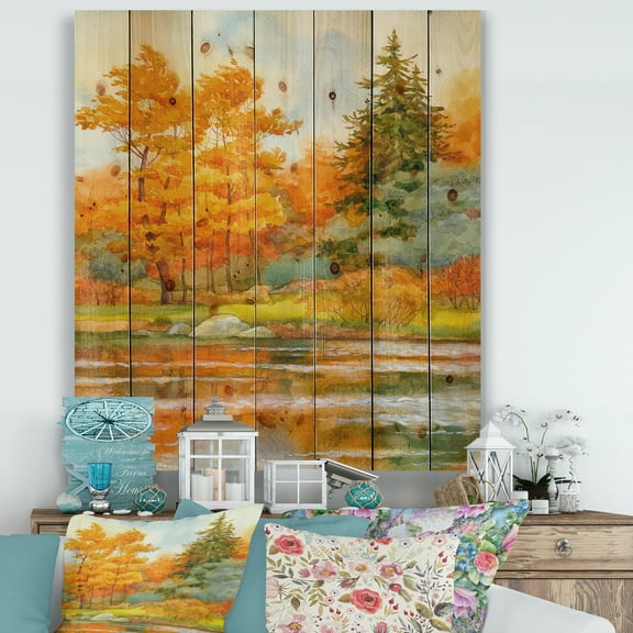 Designart 'Autumn Forest By The Lake Side IV' Lake House Print on Natural Pine Wood