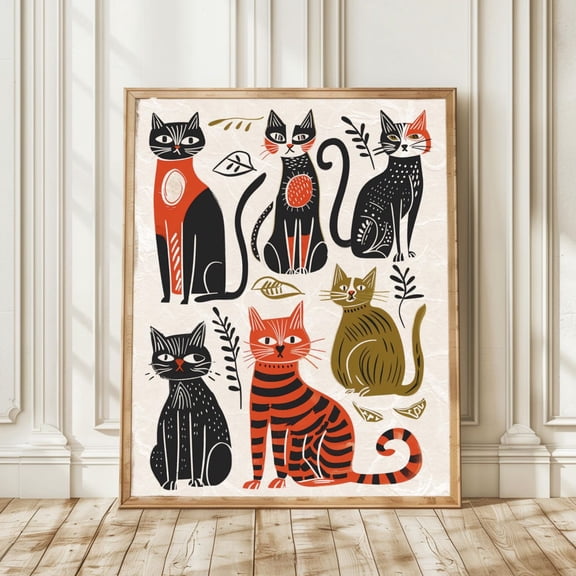 Mid,Century Modern Black Cat Print, Retro Whimsical Wall Art Home Decor #1138, Unframed Poster Size 8x12