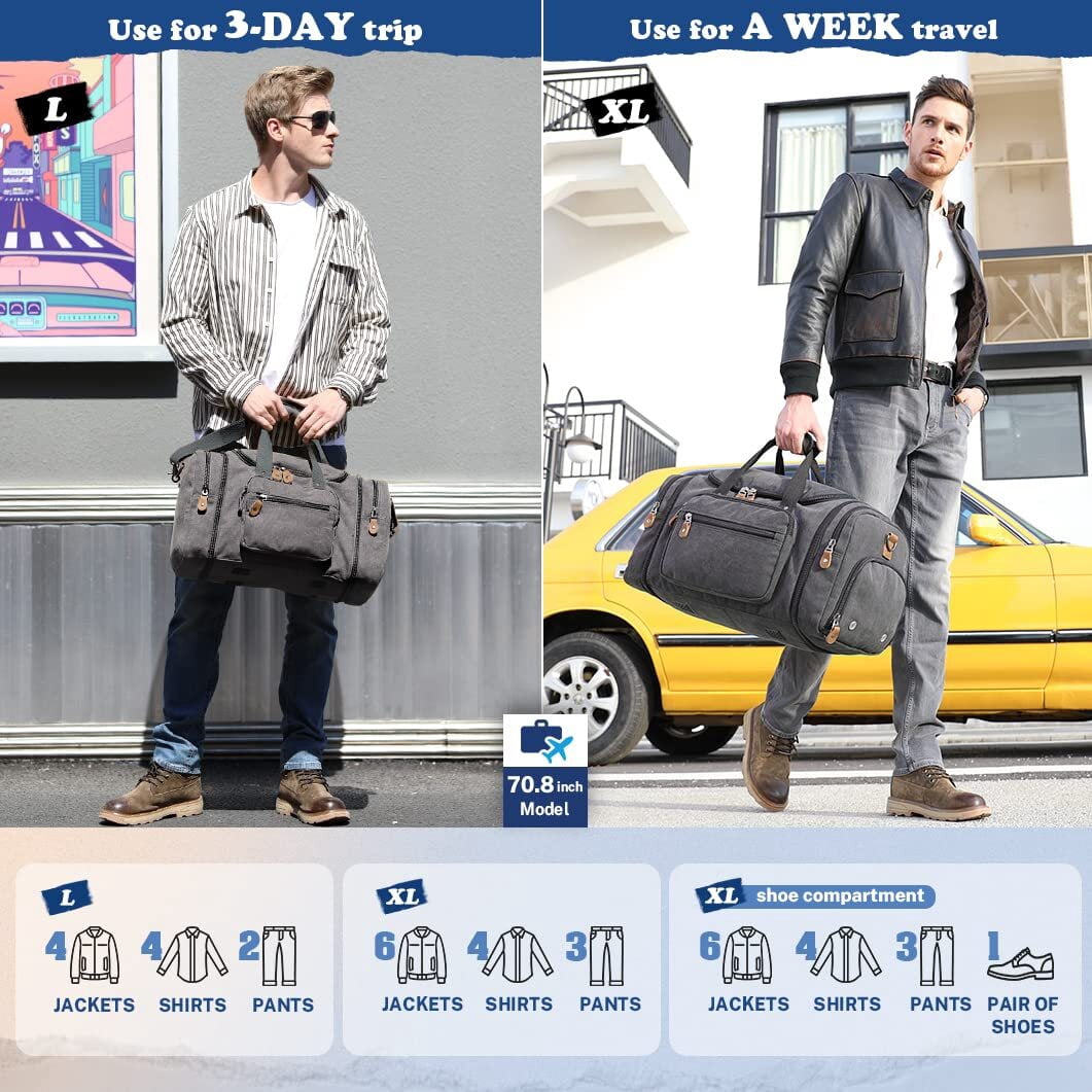Gonex 60L Canvas Duffel Bags 27" Expandable Travel Duffle Overnight Weekender Bag with Shoe Compartment for Men Women