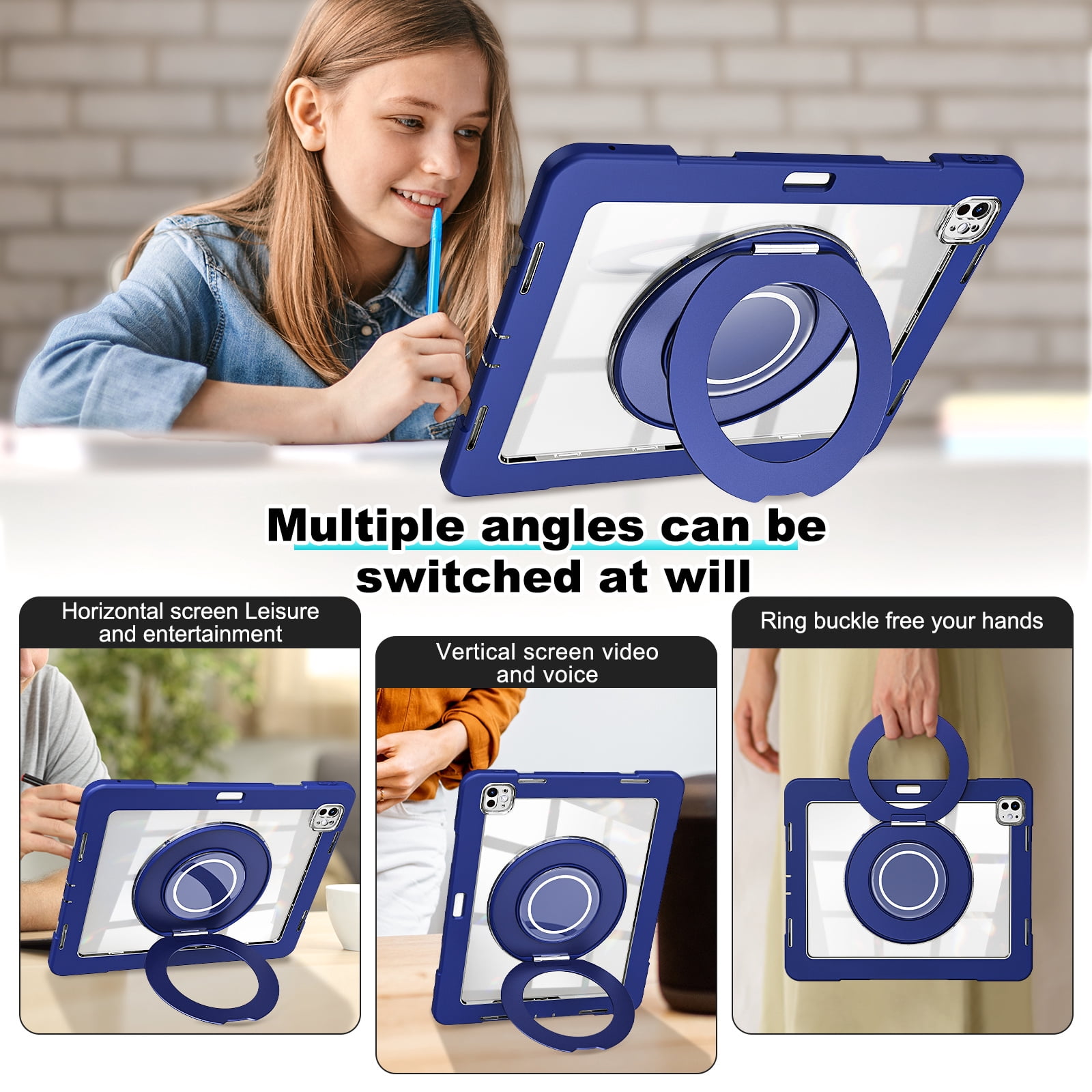 XYX Shockproof Tablet Case for iPad Pro 13 inch M4 2024 (7th Gen) with 360 Rotating Stand, Slim Lightweight with Pencil Holder, DarkBlue
