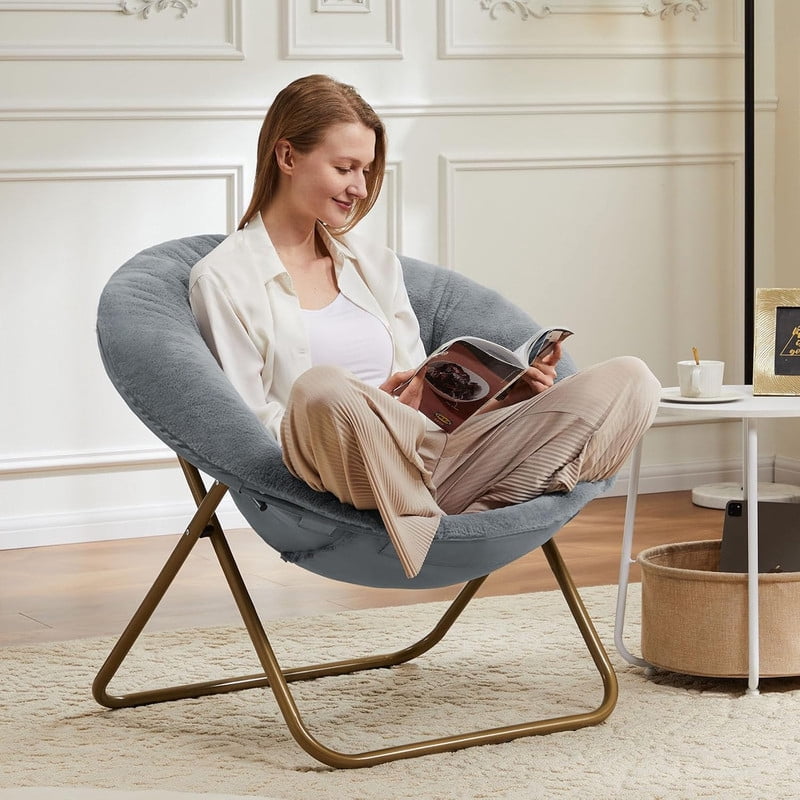 Cozy Chair, Faux Fur Saucer Chair for Bedroom, Comfy Foldable Moon Chair, Round Fluffy Chair for Living Room, Fuzzy Saucer Chairs for Adults Room, Grey