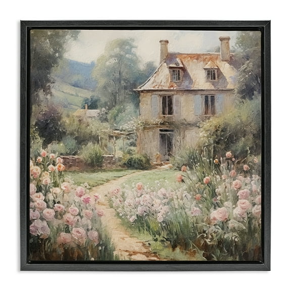 Stupell Industries French Garden Cottage Landscape Painting Black Floater Framed Canvas Art Print Wall Art, 18 x 18