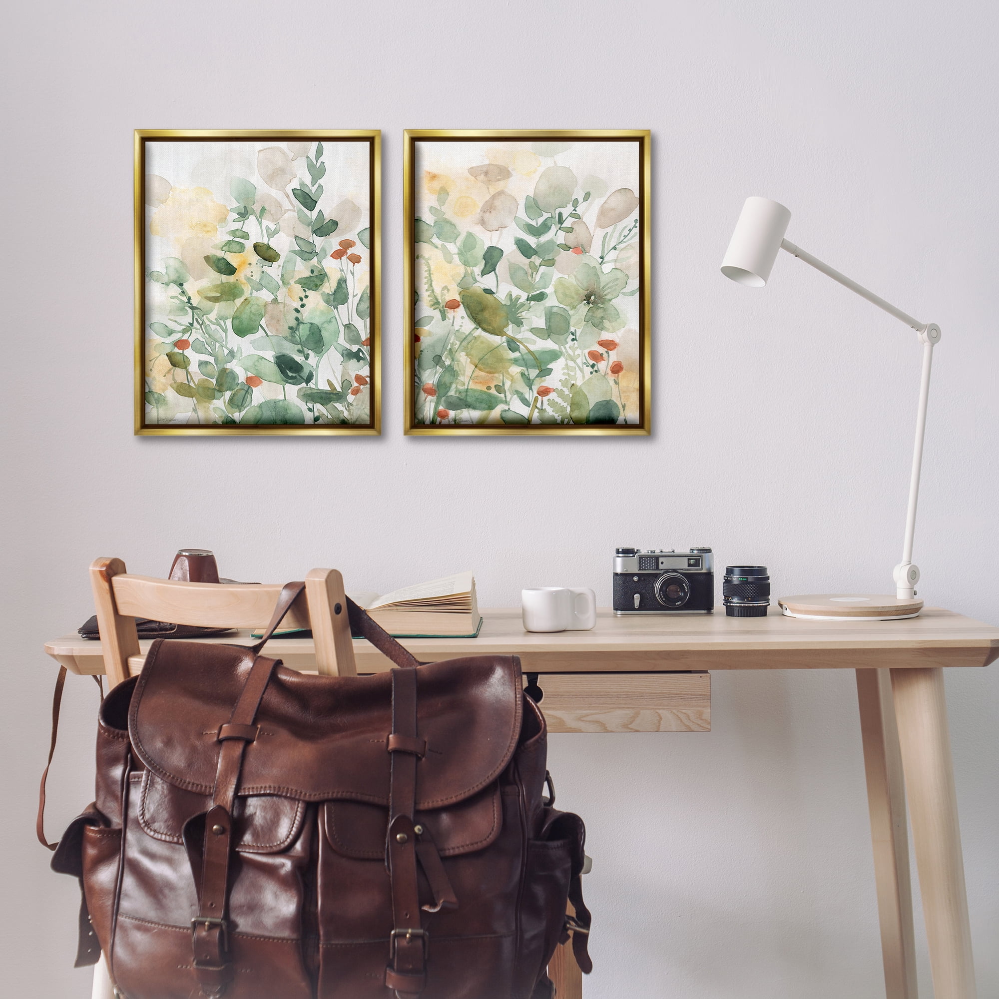 Stupell Industries Botanical Garlands Abstract Plants & Flowers Painting Gold Floater Framed Canvas Art Print Wall Art, 17 x 21, Set of 2