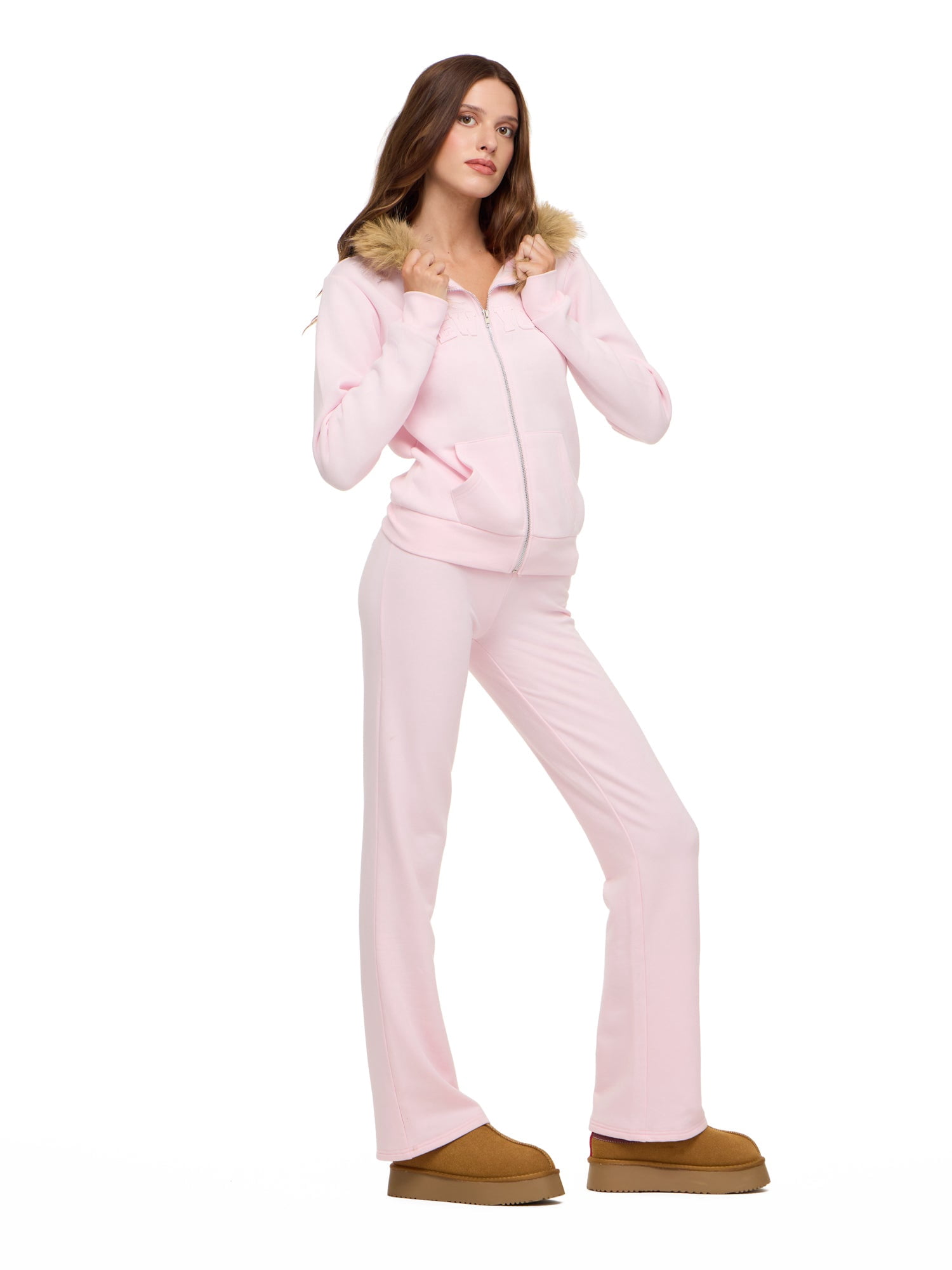 Forever 21 Women's Fitted Fleece Zip Up Hoodie with Fur Hood and Tonal Patch Detail, Soft Casual Sweatshirt Jacket, Pink, XXS-XXL