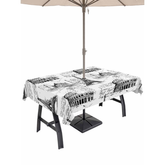 Outdoor Tablecloth with Umbrella Hole for Patio/Picnic/Party/Camping, Black Architecture Waterproof Table Cloth Rectangle Table Cover Washable, Vintage City Eiffel Tower Classic (60"x 120")