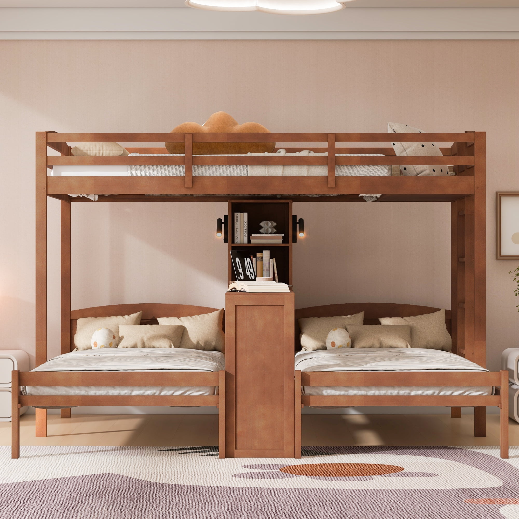 Euroco Wood Twin over Twin Bunk Bed with Desk, 3 Beds in 1 with Shelves and Reading Lamps, Natural