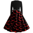 thumbnail image 3 of WTOBBY Women's Flared Halloween Dress Stylish with Bat and Pumpkin Print, V-Neck, Long Sleeves, Hollow Party Design for Casual Retro Fashion Wear ,Deep Red 2XL, 3 of 4