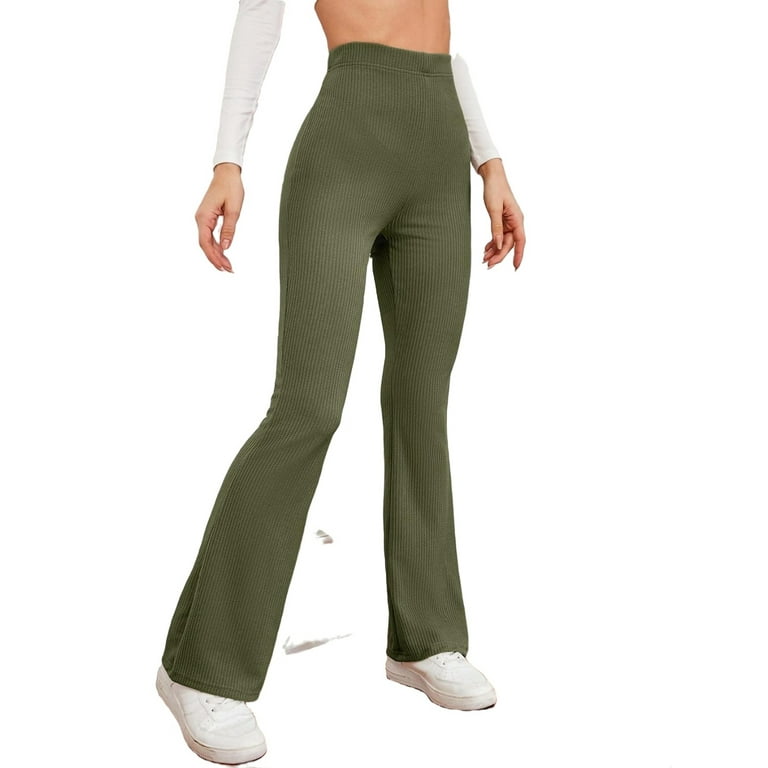 Womens Flare Leg Pants Casual Rib-Knit High Waist Army Green XS 
