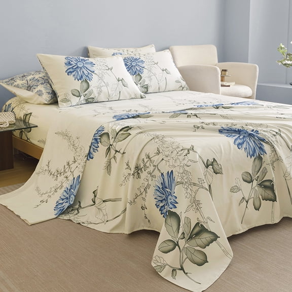 4-Piece Bedding Set, ultra-soft and breathable, featuring blue floral and plant patterns, includes fitted sheet, flat sheet and pillowcases, suitable for all seasons.