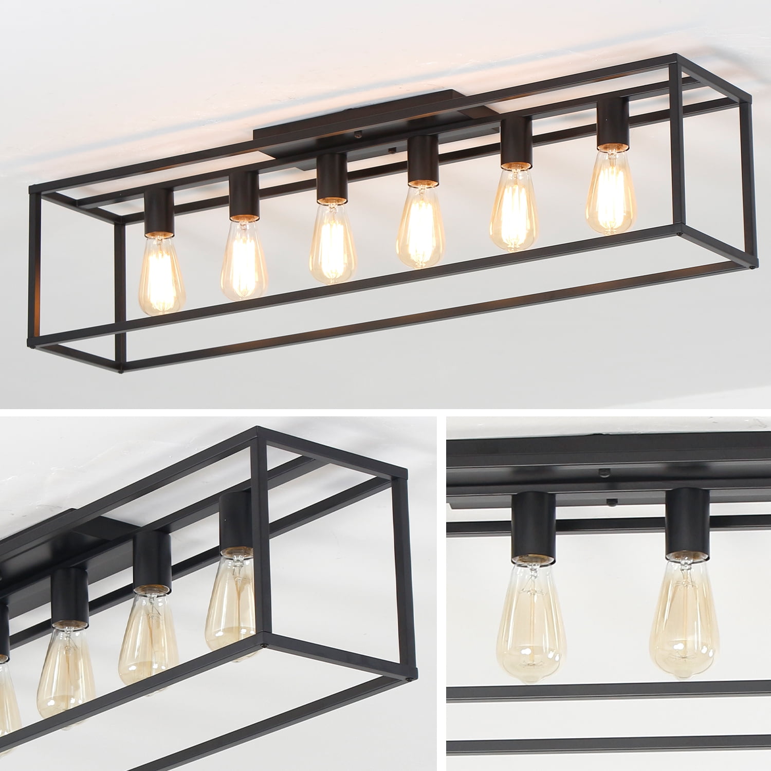 38" 6-Light Farmhouse Black Rectangle Cage Close to Ceiling Light for Living Dining Room