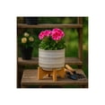 thumbnail image 4 of Embossed Ceramic Planters with Wood Stand for Flower Pots  Home Decor Pots for Entryway, Tabletop, and Garden - Small Raised Container with Stand for Indoor and Outdoor Plants - 8", Ivory & Tan, 4 of 13