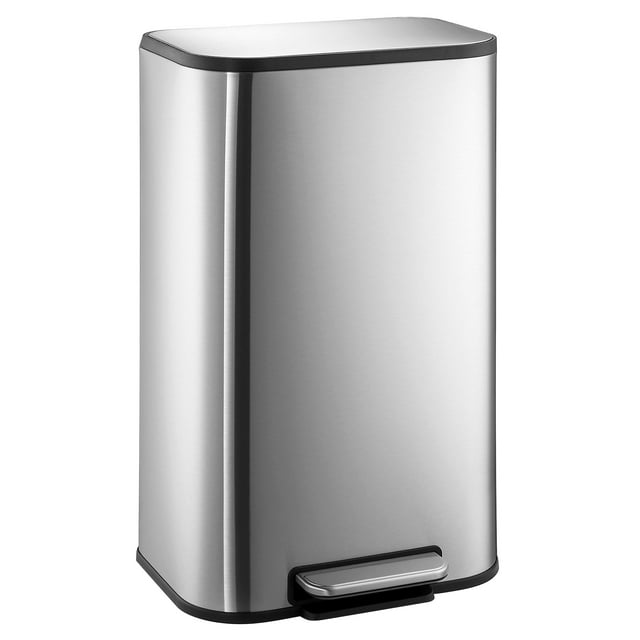 Rectangular Stainless Steel Trash Can - 30L/8 Gallon, Soft Close Lid, Step-On Pedal, Removable Inner Bucket, Kitchen, Bathroom, Office - Silver, 36.5×29.3×60.9cm