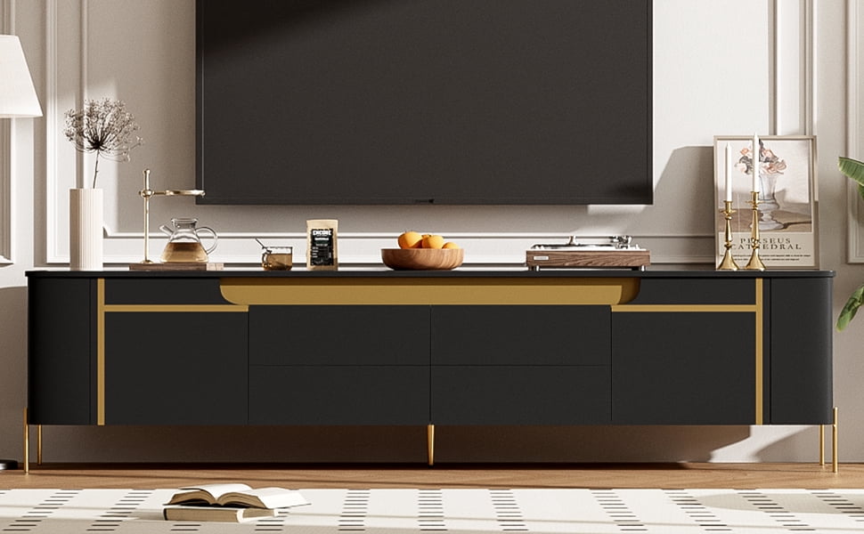 Euroco Light Luxury TV Stand with 2 Cabinets and 4 Drawers – Gold Metal Legs, Cable Management, Concealed Handles – Modern Entertainment Center for Living Room