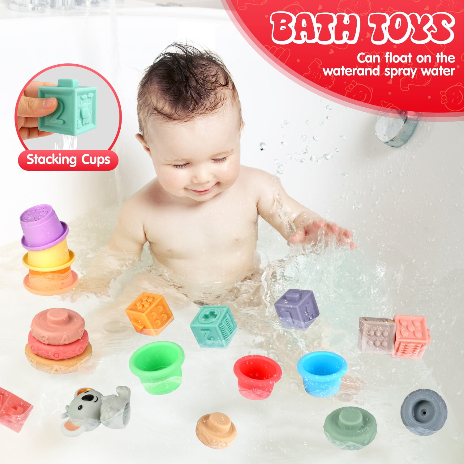 UQN Montessori Toys for 1 Year Old, 4 In 1 Baby Blocks Toys 6-12 Months, Soft Baby Teething Toys, Learning Gifts for Baby Girls Boys, Birthday Chrismas Gift