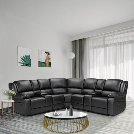 Aufka 5 Seater Sectional Sofa Couch,107" Reclining Sofa Chair for Living Room with Cup Holder,Black