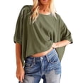thumbnail image 3 of Trendfront Womens Summer Crew Neck Elbow Sleeve Tops Oversized Loose Fit Solid Color Tees Plain Cropped Casual Fashion T-Shirts, 3 of 8