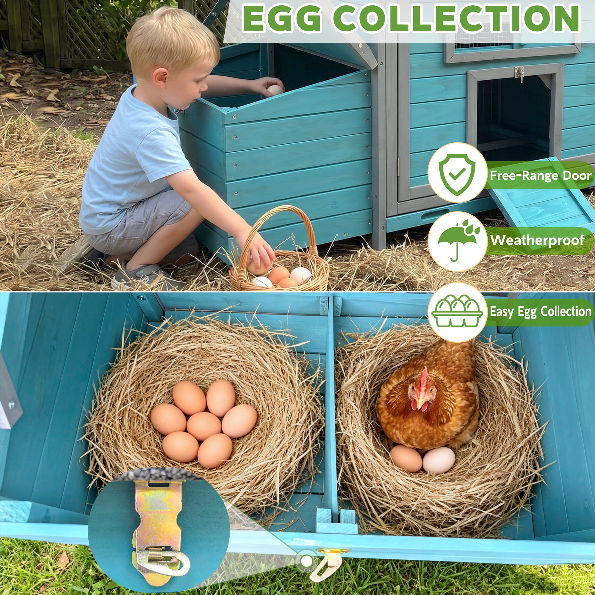 Aukfa 114" Large Chicken Coop Wood Chicken Run Cage w/ Nest Box and Pull-on Tray for Outdoor, Backyard, Blue