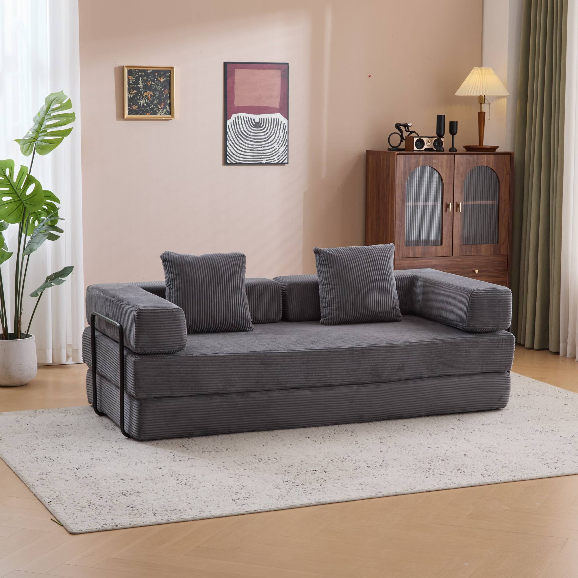 Convertible Sleeper Sofa Bed with Pillow, Corduroy Folding Mattress Floor Sofa Lounge Couch for Living Room, Bedroom, Dark Grey
