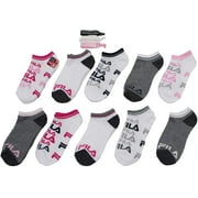 Fila Kids Girls 10-Pack No Show Socks with Hair Ties Multi Logo - White, Girls Large Shoe Sizes 4-10