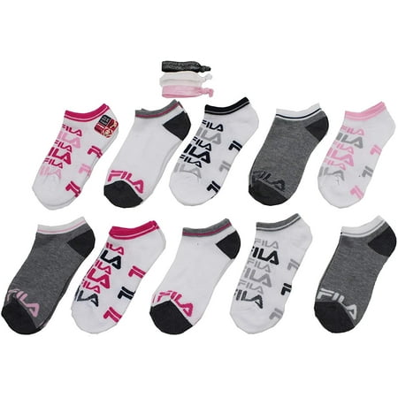 Fila Kids Girls 10-Pack No Show Socks with Hair Ties Multi Logo - White, Girls Large Shoe Sizes 4-10